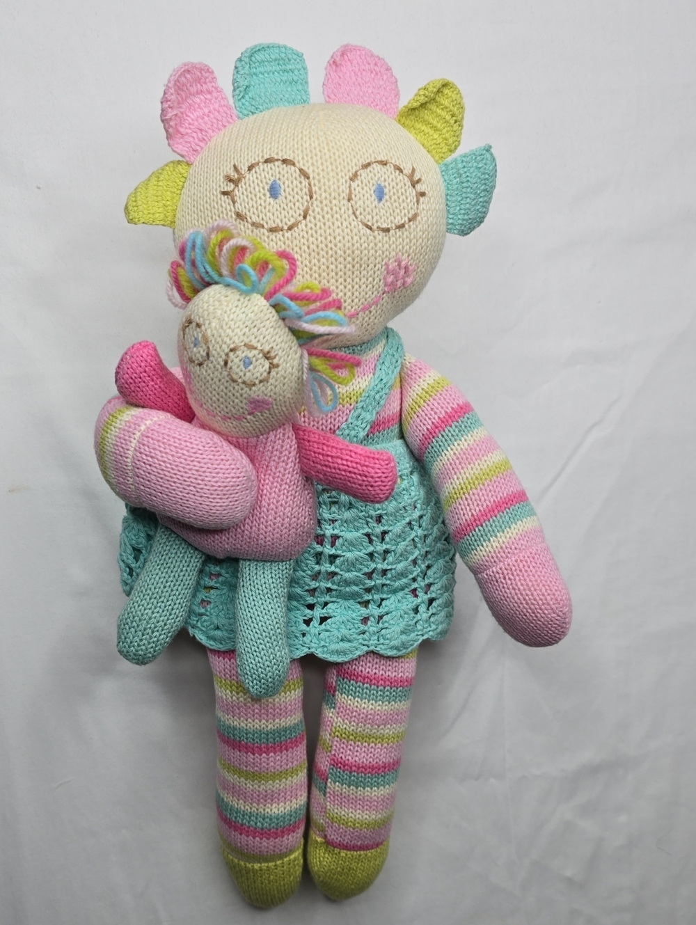 Maison Chic Knit Stuffed Doll W/Baby Crochet Sweater Striped Bright Colors 17"